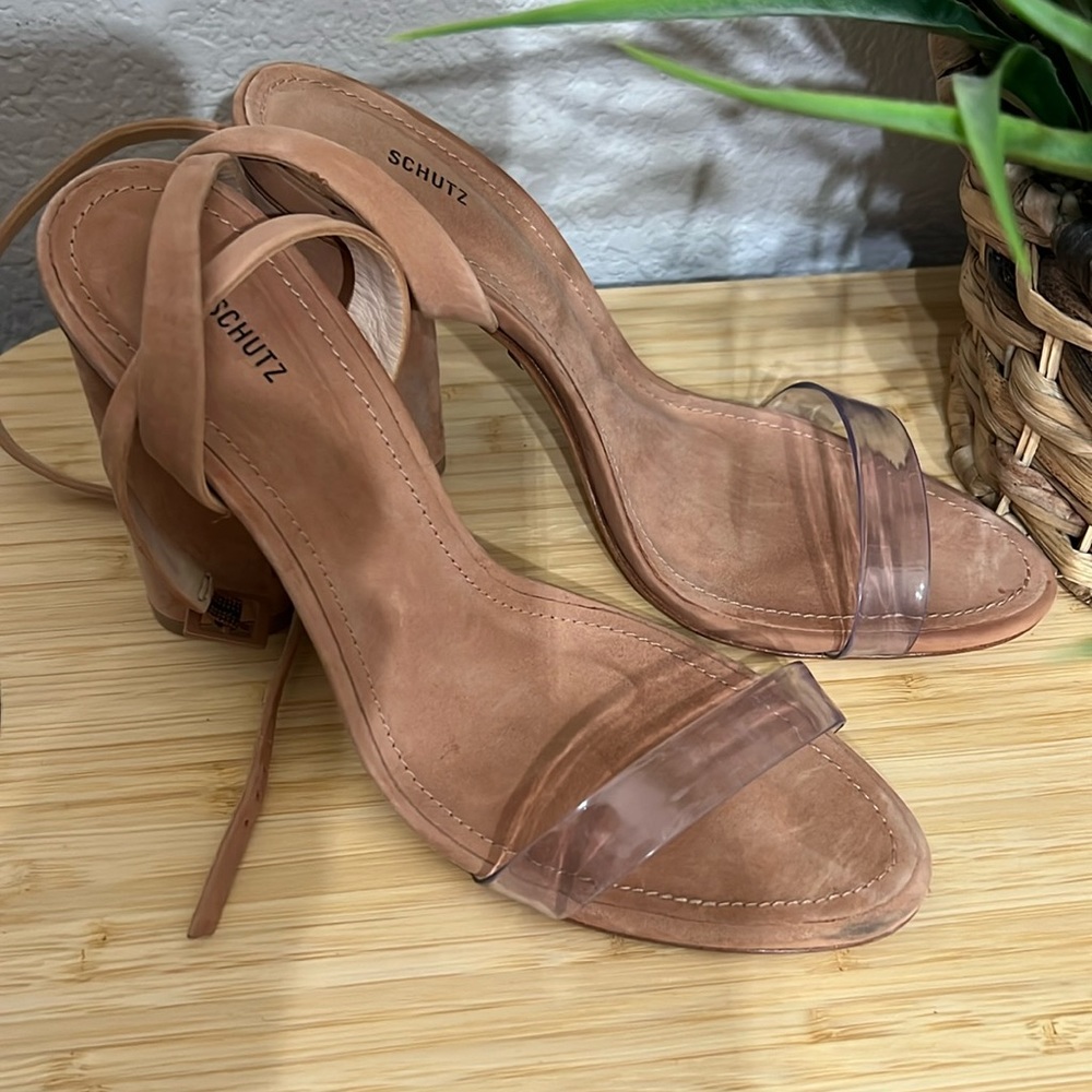 SCHUTZ Geisy PVC Toasted Nut Cowhide Leather Chunky Heel Strappy Sandals Sz 7.5B
